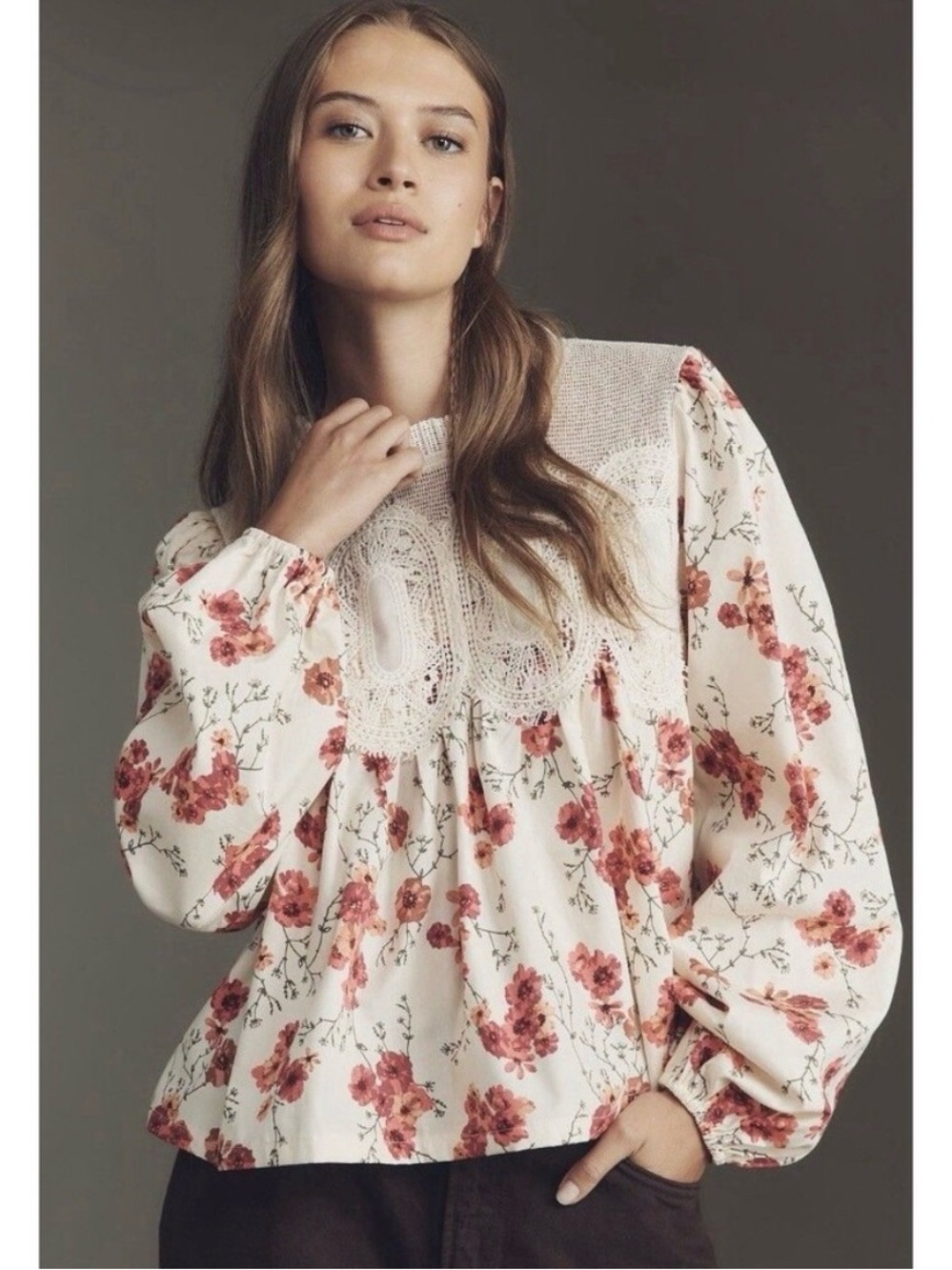 Anthropologie Cream Floral Lace-Yoke Balloon-Sleeve Blouse